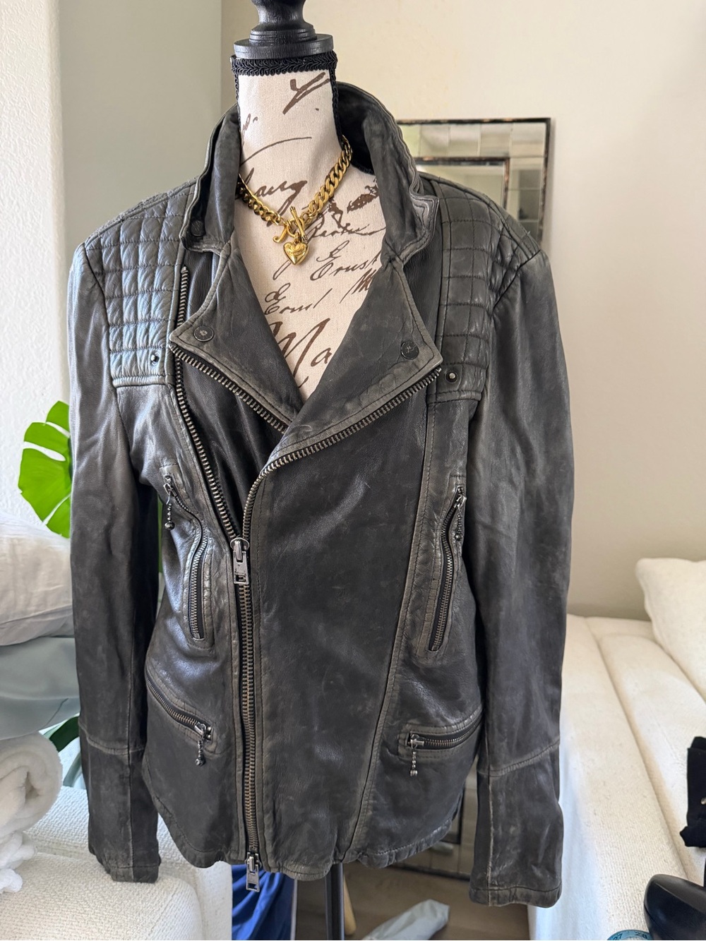 All Saints Spitalfields Men's Gray Quilted Shoulder Leather Jacket